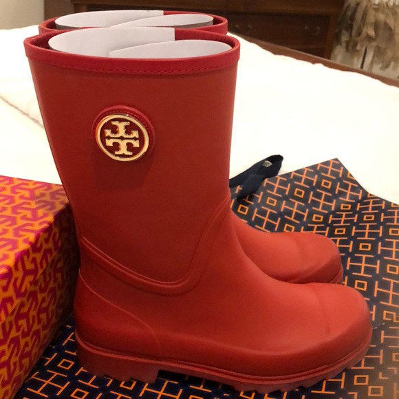 tory burch orange rain boots